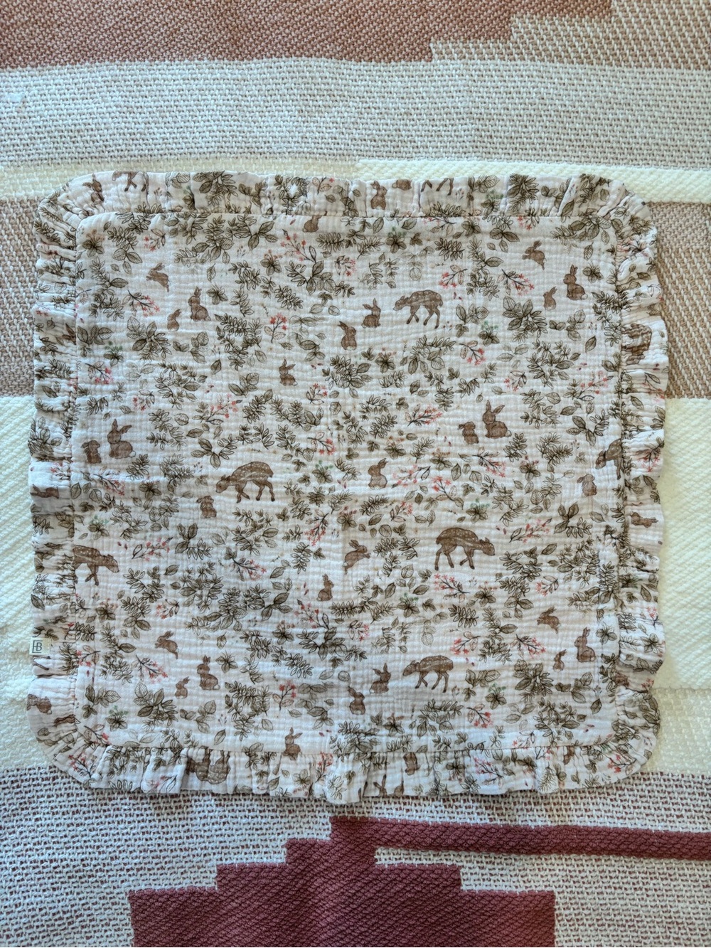 Blush Pink Woodland Muslin Baby Blanket with Ruffle Edge